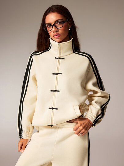 Athîral Sweatshirt casual desportiva para mulher com risca lateral, fecho de correr, botões de sapo, gola funil, forro polar, amarela, para outono/inverno, saídas e regresso às aulas