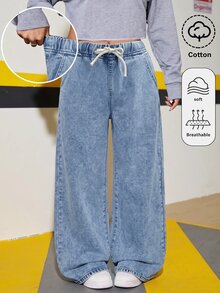 SHEIN Tween Girl Blue Loose Straight Leg Denim Jeans - Blue - View 4