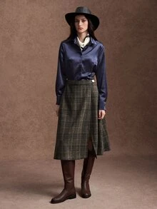 Zovinel Rok Lilit Wanita Motif Kotak-kotak dengan Belahan Samping dan Kancing Logam, Cocok untuk Perjalanan Sekolah, Kerja Kasual, dan Musim Gugur/Musim Dingin yang Elegan - MultiWarna - View 3