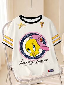 LOONEY TUNES X SHEIN Plus Size Letter Cartoon Print Casual Daily T-Shirt - White - View 1