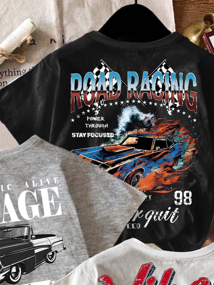 SHEIN Young Boy Casual Minimalist Round Neck Short Sleeve T-Shirt, Suitable For Summer, Classic Handsome Vintage Racing Car Graphic Print, Classic Text Graphic Print, 3pcs/Set - Multicolor - View 2