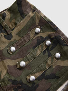 ROMWE Grunge Punk Plus Size Denim Hot Girl Cavalry Metal Button Design Ultra Low Waist Skinny Denim Mini Shorts - Army Green - View 3