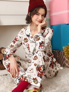 Chillnights Women's Christmas Print Santa Claus & Christmas Tree Casual Lapel Long Sleeve Pants Pajama Set - Apricot - View 6