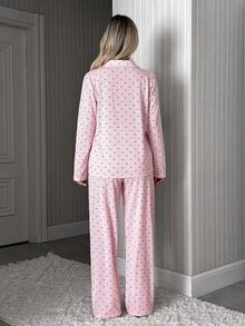 SHEIN Pink Heart Print Striped Button Front Casual Pajama Set - Pink - View 2