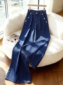 Elenzga Celana Panjang Denim Biru Tua Wanita Serbaguna untuk Semua Musim, Motif Kancing, Banyak Saku, Potongan Lebar - Dark Wash - View 5
