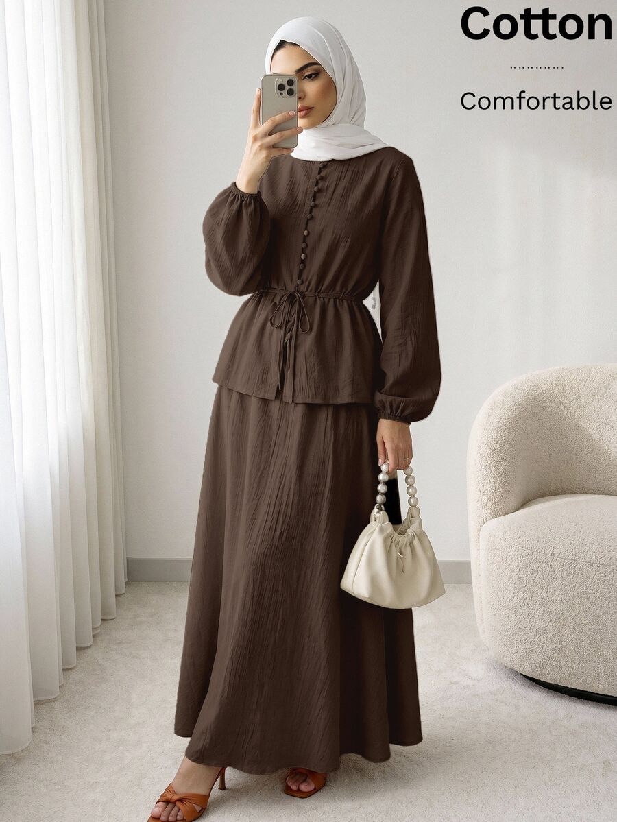 Solavon Women's Solid Color Long Sleeve Single-Breasted Shirt And Skirt Casual 2 Pieces Set