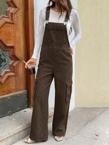 SHEIN أوفرول جينز فضفاض كاجوال بتصميم جيوب للفتيات المراهقات بلون كاكي داكن - بني - مشاهدة 2