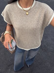 Siren Gaze 女款拼色圓領短袖休閒極簡針織上衣 辦公穿搭 白色 - 卡其色 - 查看 7
