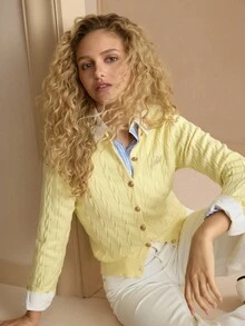 MOTF PREMIUM WOMEN'S LETTER EMBROIDERED CABLE KNIT CARDIGAN - Yellow - View 6