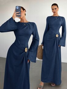 SHEIN Tall CURVE Gaun Pesta Kasual Wanita Ukuran Besar dengan Dekorasi Logam untuk Musim Gugur - Navy Blue - View 4