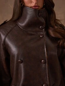 SHEIN BAE Women's Autumn Fashion Vintage Double-Breasted Jacket - Coffee Brown - View 4