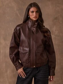 SHEIN BAE Jaket Komuter Wanita Modis Musim Gugur - Coklat - View 5
