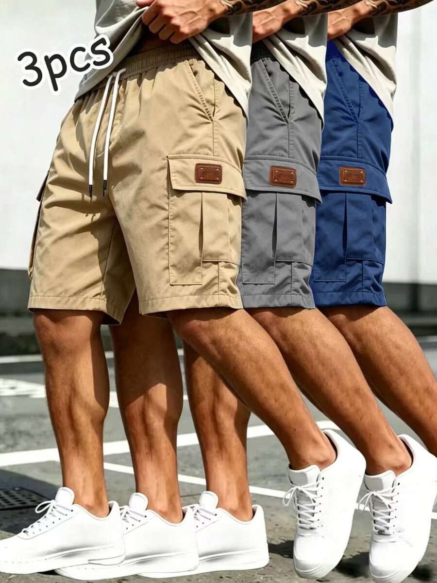 Gym Rark Men's Letter Print Denim Drawstring Waist Cargo Sports Shorts - Khaki - View 1