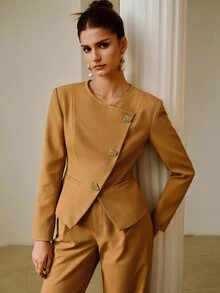 ZEYLAH Elegant Commuter Waist-Cinching Asymmetrical Front Short Blazer - Camel - View 4