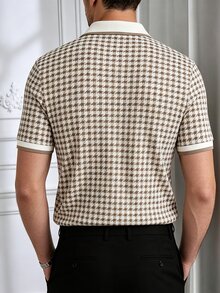 Manfinity Homme Men's Plus Size Knit Houndstooth Jacquard Vintage Mature Casual Short Sleeve Polo Shirt - Khaki - View 2