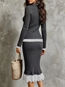 Balvessa Setelan Dua Potong Gaun Rajut Bertekstur Ribbed Abu-abu Gelap Model V-Neck Kancing Mutiara untuk Wanita Musim Semi/Gugur/Dingin, Elegan dan Bergaya Vintage Dewasa - Dark Grey - View 3