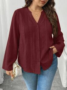 Modelyn Plus Size Women Solid Color Rolled Sleeve Notch V-Neck Blouse - Burgundy - View 3