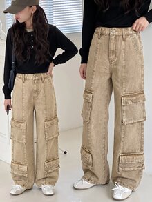 SHEIN 青少年女孩卡其色寬鬆版型工裝牛仔長褲 - 卡其色 - 查看 6