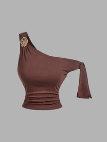 SHEIN MOD 2件組蝴蝶結金屬3D花朵女款不對稱單肩上衣 - 彩色 - 查看 8