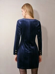 MOTF PREMIUM GAUN BELUDRU WANITA ELEGAN DENGAN LEHER V DAN PINGGANG YANG DIKENCANGKAN - Biru - View 4