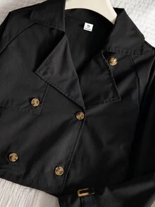 SHEIN 青少年女孩秋季拿破崙貓眼街頭風可愛雙排扣短款風衣，適合度假、日常、上班與哺乳，橄欖綠 - 黑色 - 查看 5