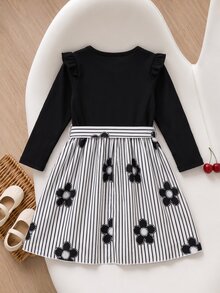Casuvi Kids Young Girl Preppy Floral Dress, Ruffle Sleeve Stripe Skirt With Bow Fall Party Dress - Black - View 2