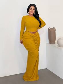 Maweii Plus Size Sexy Fitted Ruched Skirt 2 Pieces Set For Vacation Beach - Yellow - View 4