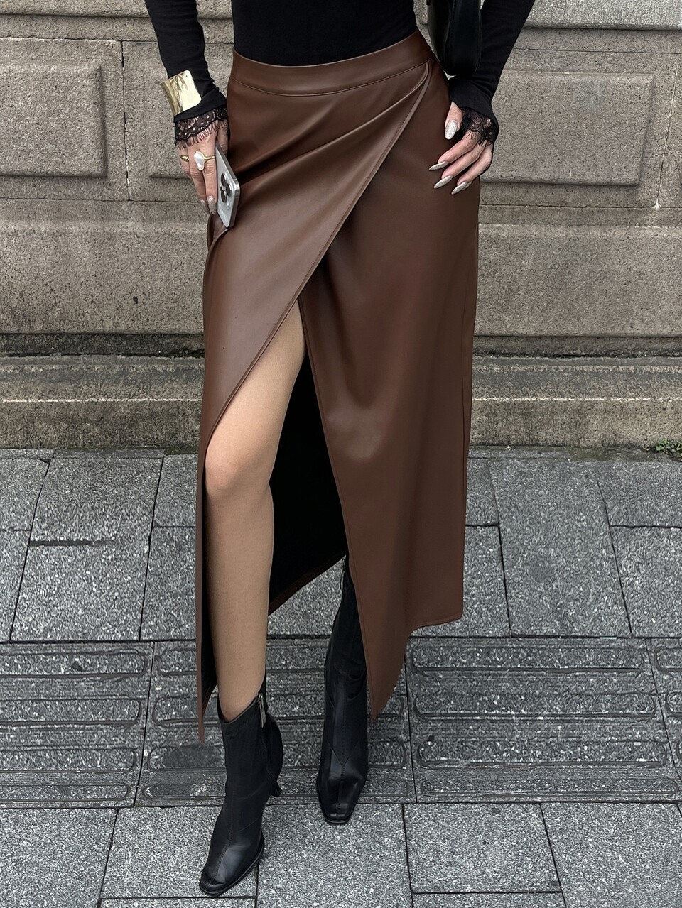 Autumn/Winter Brown PU Leather Asymmetrical Wrap Front Slit Straight Mid-Length Modern Commute Wedding Party Streetwear Women's Skirt