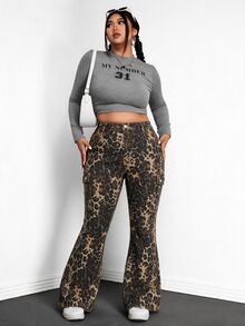 Jeanoix Plus Size Women's Leopard Print Cargo Pocket Casual Flare Jeans - Multicolor - View 3