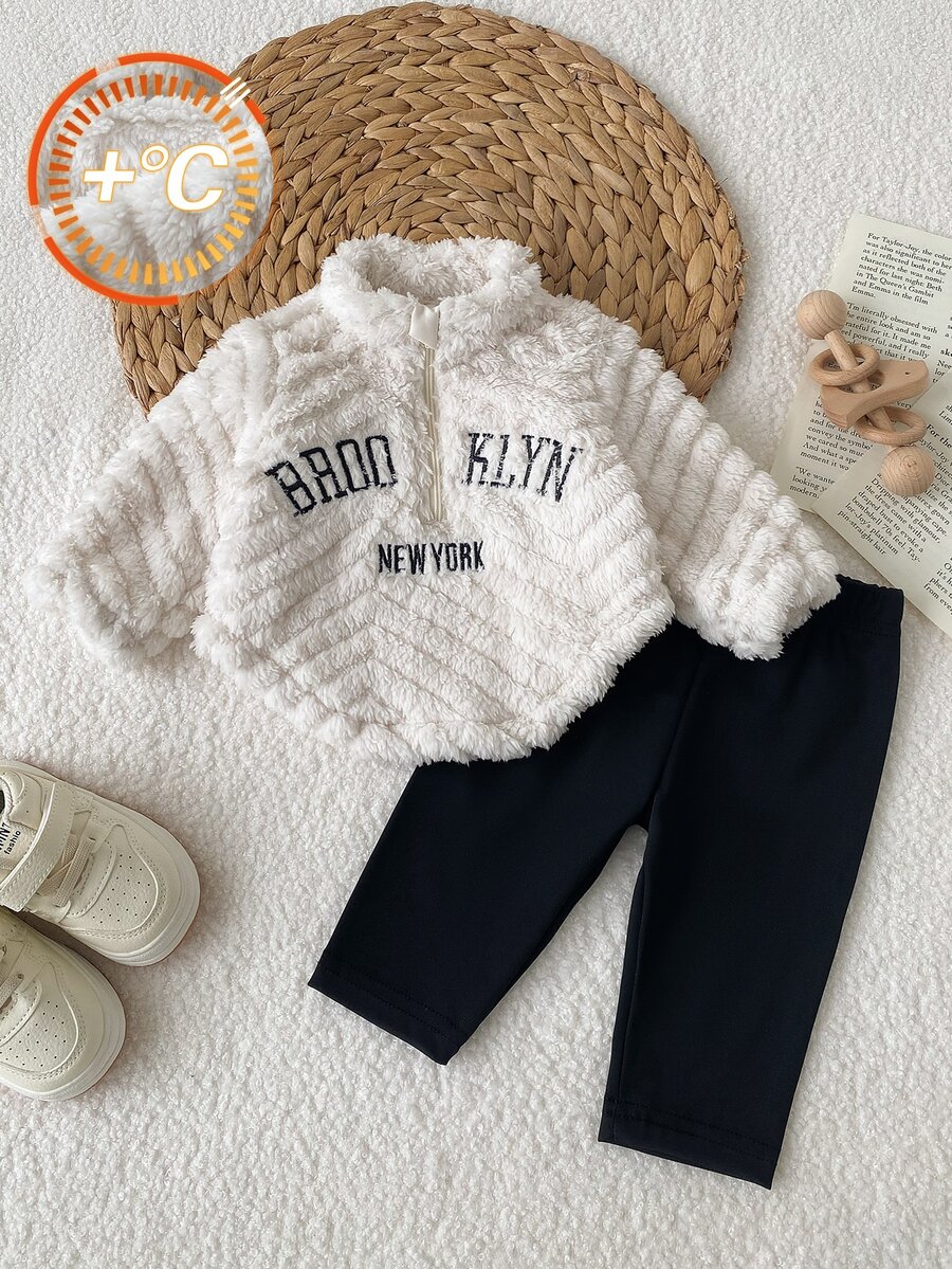 SHEIN 新生兒秋冬毛絨夾克與彈性長褲2件套，0-12個月嬰兒休閒字母印花立領半拉鍊套頭上衣與長褲套裝，適合日常穿著、外出及多種場合