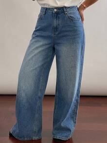 Dazy Plus Vintage Washed Grey Denim Long Straight Leg Jeans, Versatile All-Season Style - Dark Wash - View 5