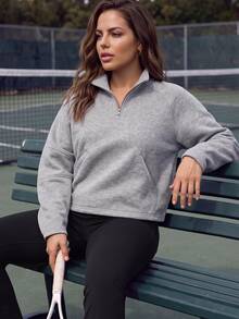 EMERY ROSE Sweatshirt Wanita Ukuran Besar Warna Polos Lengan Panjang Raglan Setengah Resleting untuk Bisnis Kasual Smart Casual Tradisional Western untuk Olahraga Tenis Pink Hitam Musim Semi - Grey - View 6