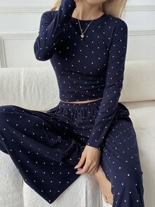 DAZY Women's Polka Dot Top And Pants Casual 2 Pieces Set - Navy Blue - View 2