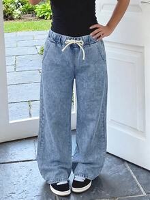 SHEIN Tween Girl Blue Loose Straight Leg Denim Jeans - Blue - View 7