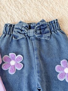 SHEIN Vintaside Kids 2件組紫色女嬰甜美花朵蝴蝶結紙袋腰傘狀袖連身衣褲套裝 秋季 - 紫色 - 查看 7