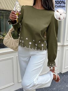 Serisse Women's Casual Floral Embroidered Shirt, Fall Brunch Green Floral - Army Green - View 2