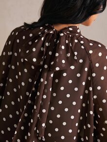 Poéselle Women's Polka Dot Pattern Stand Collar Lantern Sleeve Elegant Blouse - Brown - View 6