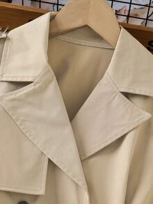 SHEIN 1件女款時尚新款卡其色編織雙排扣收腰長版大衣，適合春季、秋季、冬季，戶外、旅行、街頭風、休閒、通勤 - 卡其色 - 查看 4