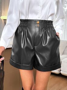 Easowa 女款 PU 斜口袋短褲，休閒寬鬆優雅通勤老錢風，秋冬款 - 黑色 - 查看 1
