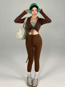 DAZY Women's Solid Color Long Sleeve Front Knot Sports T-Shirt Fall Gym Light Green Sporty Sexy Modest Sporty Athleisure Workout Gym - Brown - View 5