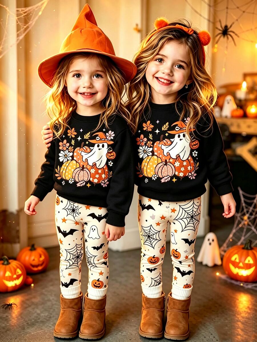Oo Cute To Spook 嬰兒女童萬聖節套裝,可愛幽靈與南瓜印花衛衣搭配蜘蛛網圖案內搭褲套裝 (2件組),秋季服飾系列 - 彩色 - 查看 1