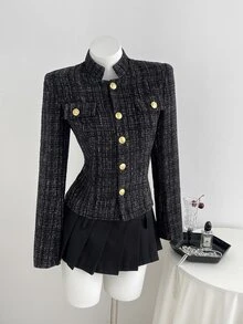 Elamini European And American Fashion Autumn/Winter Tweed Women's Overcoat - Black - View 4