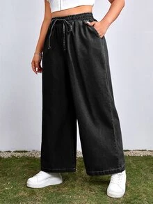 SHEIN EZwear 大尺碼女款抽繩腰休閒日常穿著牛仔褲 - 黑色 - 查看 3