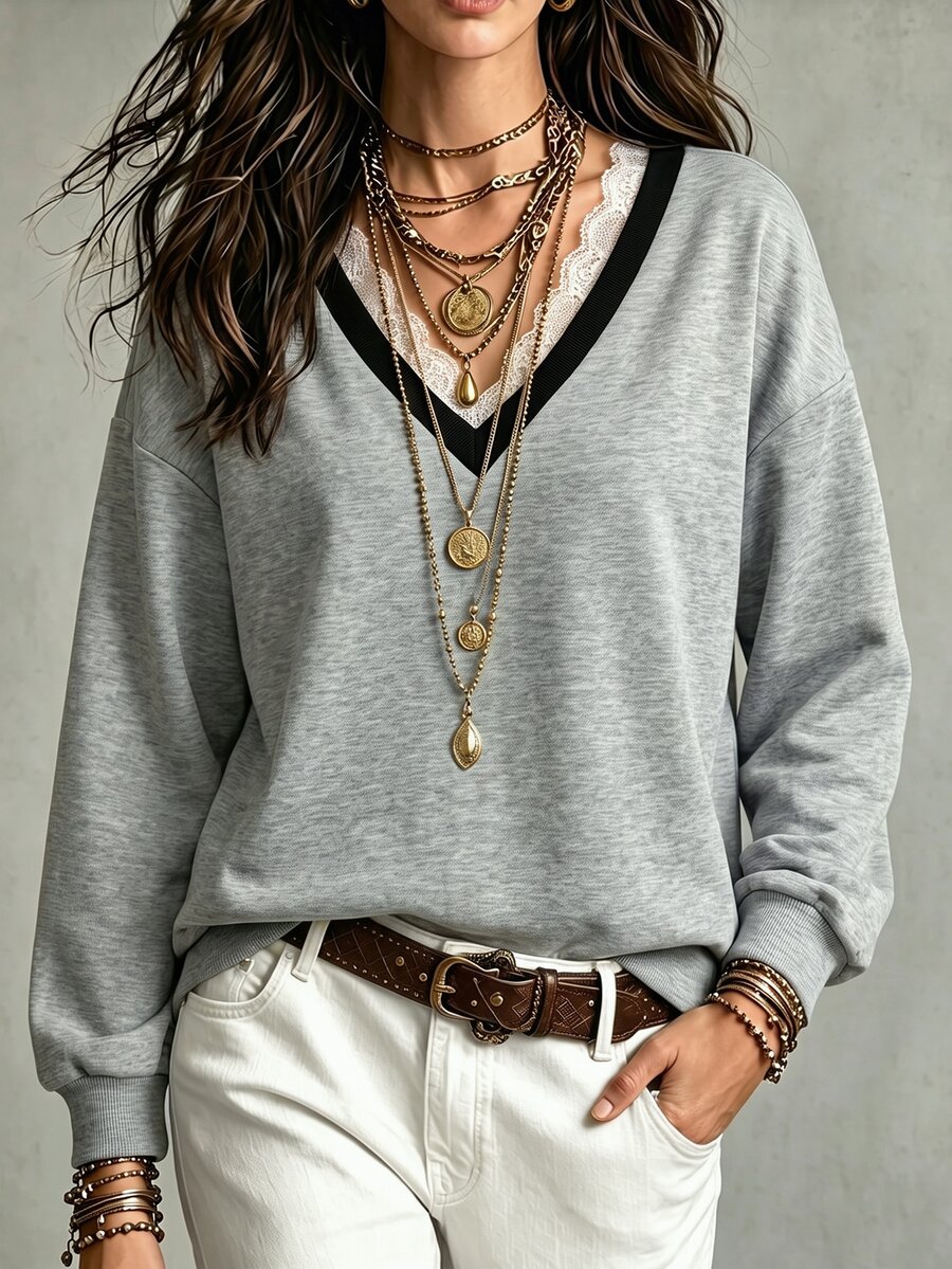 Glimmora Women's Autumn/Winter New Hot-Selling Exquisite Lace Patchwork Design Casual Versatile Sweatshirt - Grey - View 1