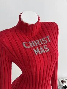 Elamini Sweater Wanita Lengan Panjang Kerah Tegak dengan Motif Huruf dan Potongan Slim Fit - Merah - View 3