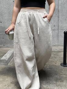 Dazy Plus Plus Size Women's Elastic Waist Curved Leg Loose Hem Joggers, Casual Baggy Sports Sweatpants, New Autumn/Winter Brunch Vacation Gray - Camel - View 8