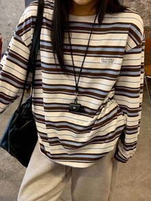 Dazy Plus Korean Style Loose Fit Casual Striped T-Shirt For Girls - Brown - View 8