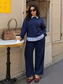 Elaquor Plus Size Button Striped Patchwork 2 In 1 Sweatshirt And Pocket Long Pants Two Pieces Set - Navy Blue - View 3