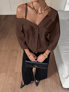 Siren Gaze Women's Spring/Fall Solid Color Asymmetric Collar Dropped Shoulder Loose Casual Elegant Chic Blouse Going Out Dark Brown - Coffee Brown - View 1