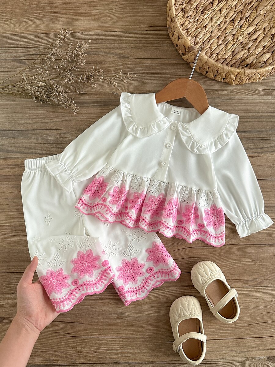 SHEIN Playful Pals Baby Girl Cute Doll Big Collar Front Button-Up Embroidered Hem Elastic Waist Embroidered Cuff Long Sleeve Long Pants Set, Spring/Autumn - Pink - View 1